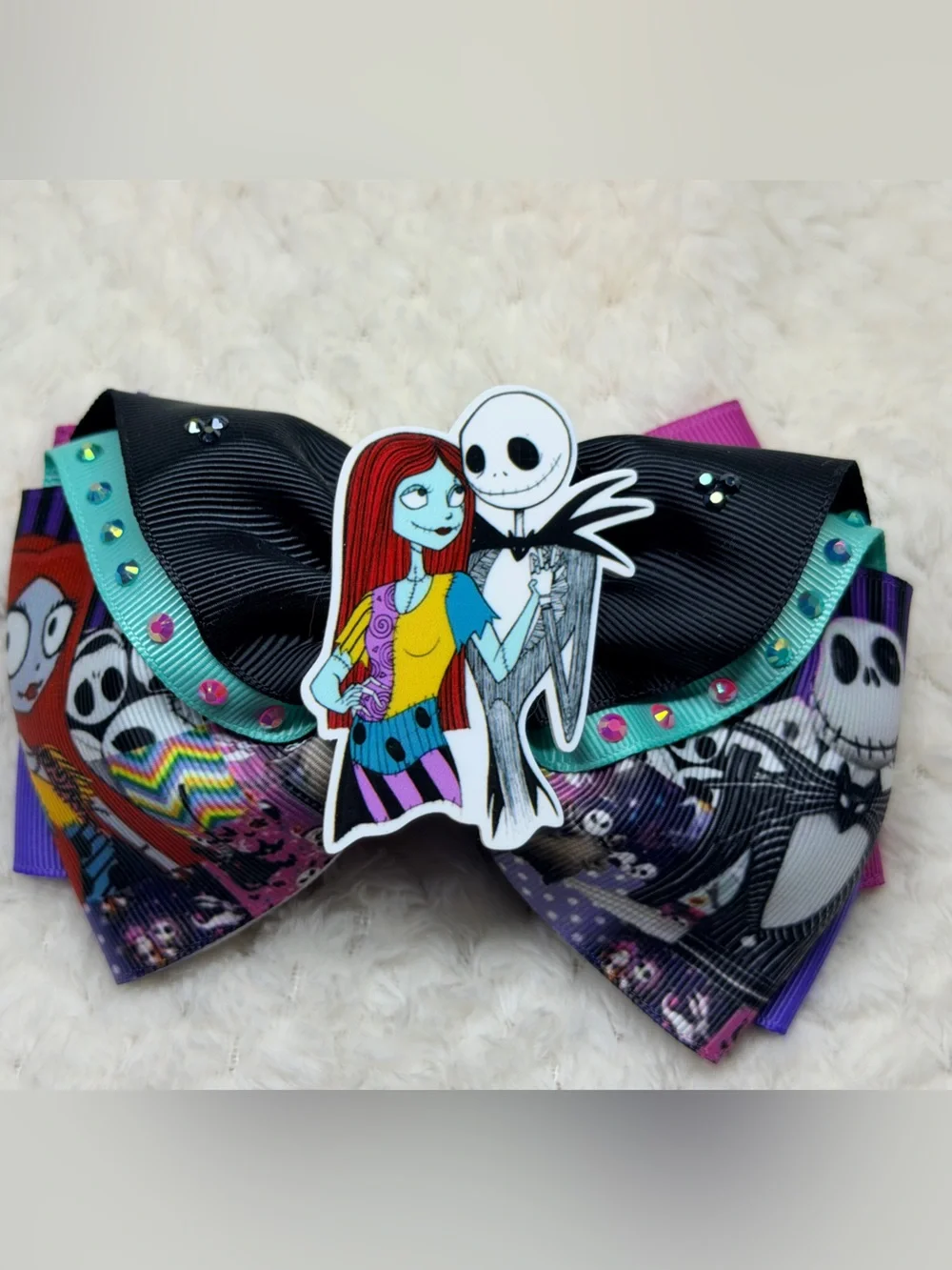 Nightmare Before Christmas Sally & Jack Themed Hair Bow - Black, Teal, Purple